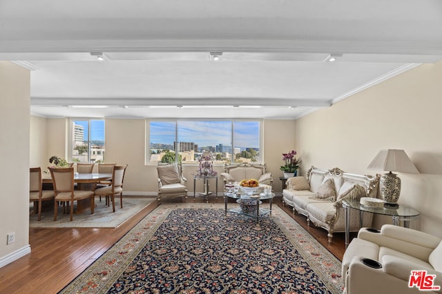 living room featuring ornamental molding and dark wood-type flooring