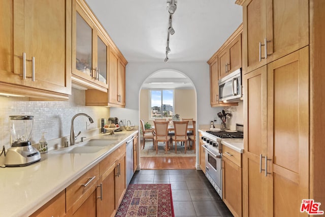 kitchen with rail lighting, dark hardwood / wood-style floors, sink, and appliances with stainless steel finishes