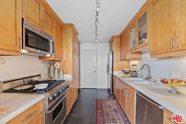 kitchen featuring sink, rail lighting, dark tile patterned flooring, and appliances with stainless steel finishes