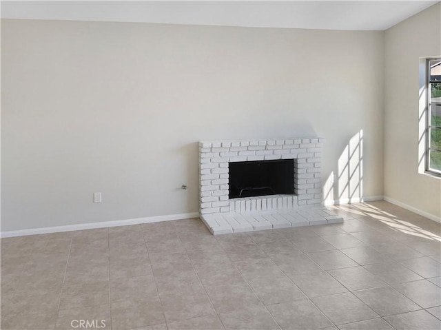 interior details with a brick fireplace