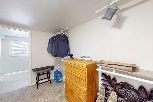 spacious closet featuring light colored carpet