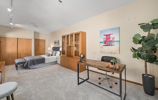 carpeted bedroom with rail lighting