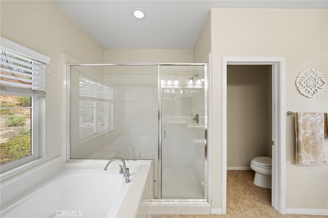 bathroom with toilet, tile patterned flooring, and plus walk in shower