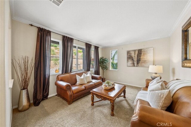 living room featuring light carpet and crown molding