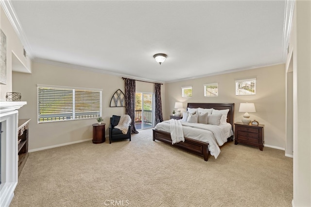 bedroom featuring access to exterior, a fireplace, crown molding, light colored carpet, and baseboards