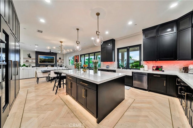 kitchen with open floor plan, tasteful backsplash, dishwasher, and dark cabinets