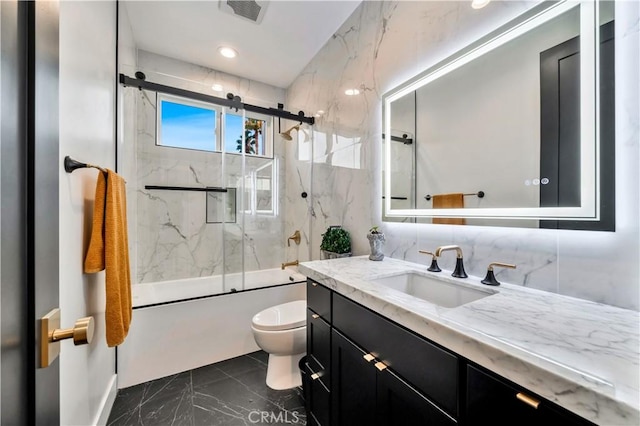 full bath with vanity, visible vents, shower / bath combination with glass door, toilet, and marble finish floor