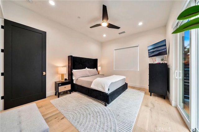 bedroom with recessed lighting, visible vents, light wood finished floors, and baseboards