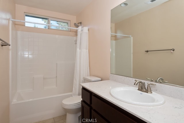 full bathroom featuring vanity, toilet, shower / bathtub combination with curtain, and tile patterned flooring