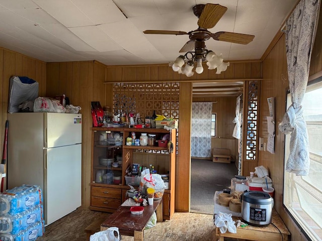 kitchen featuring wood walls, a wealth of natural light, and white refrigerator