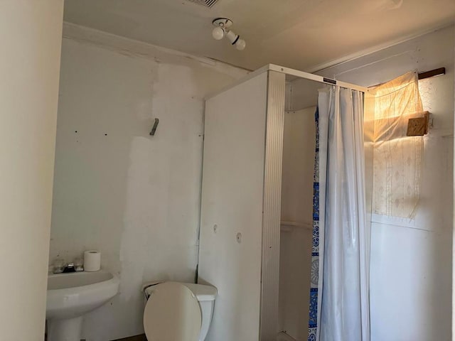 bathroom featuring toilet, sink, and a shower with shower curtain