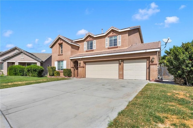 front of property with a garage and a front lawn