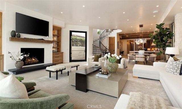 living room with a notable chandelier