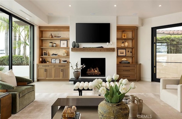 living room featuring built in features and plenty of natural light