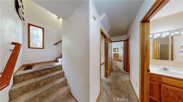 stairs featuring carpet and sink