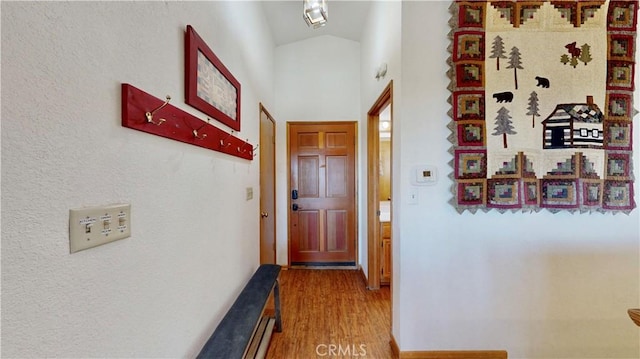 hall featuring wood-type flooring and vaulted ceiling