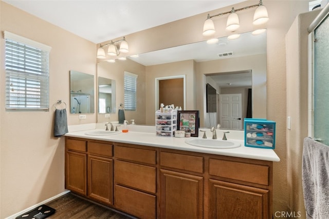 bathroom with vanity and wood-type flooring