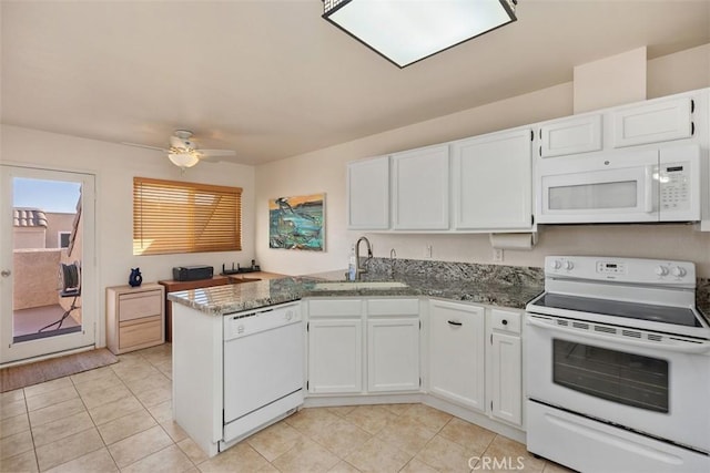 kitchen featuring kitchen peninsula, dark stone counters, white appliances, sink, and white cabinetry