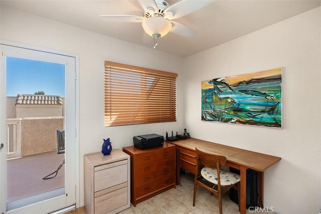 tiled office with ceiling fan