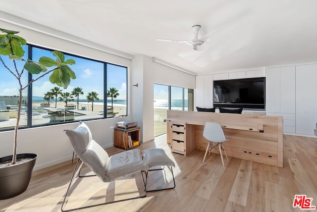 home office with ceiling fan and light hardwood / wood-style flooring