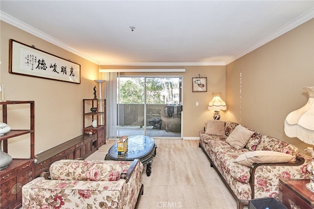 living room featuring light carpet and ornamental molding