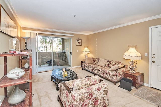 carpeted living room featuring ornamental molding