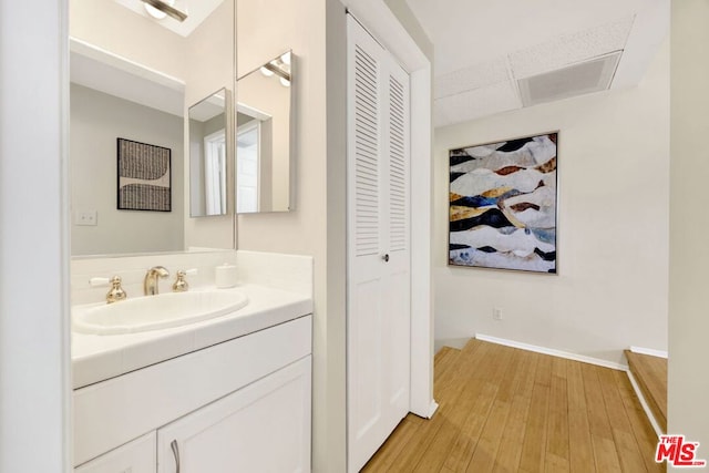 bathroom with vanity and wood-type flooring