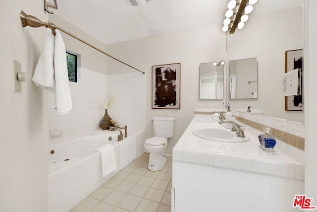 full bathroom with tile patterned flooring, vanity, toilet, and washtub / shower combination