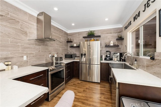 kitchen featuring wall chimney range hood, crown molding, sink, and appliances with stainless steel finishes