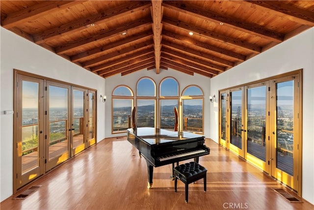 miscellaneous room featuring a healthy amount of sunlight, light wood-type flooring, beam ceiling, and french doors