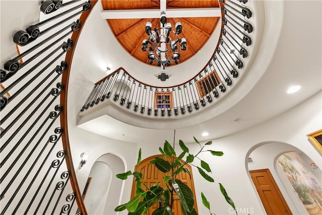 stairway with a high ceiling