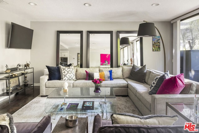 living room featuring hardwood / wood-style flooring and a textured ceiling