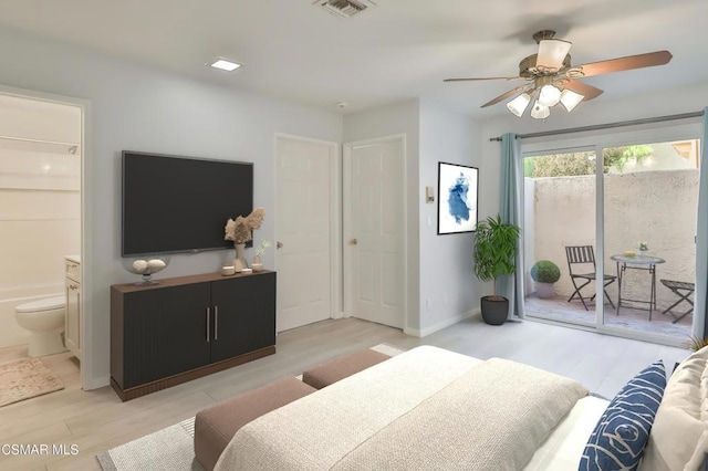 bedroom with ceiling fan, connected bathroom, access to outside, and light hardwood / wood-style floors