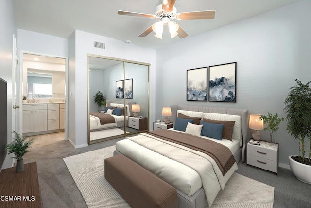 bedroom with ceiling fan, light colored carpet, ensuite bathroom, and a closet