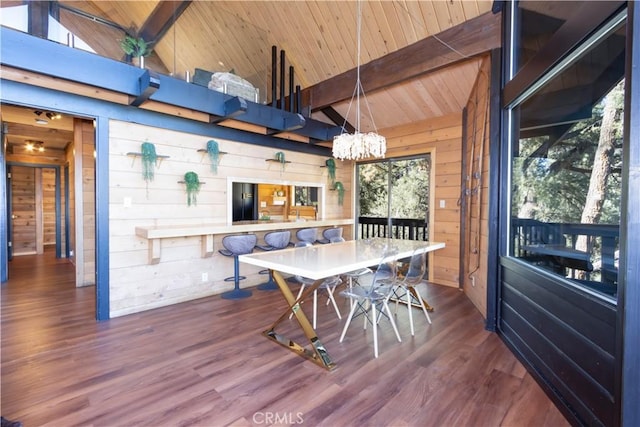 dining space featuring wood ceiling, a notable chandelier, vaulted ceiling with beams, dark hardwood / wood-style floors, and wood walls