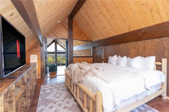 unfurnished bedroom with hardwood / wood-style floors, wooden ceiling, access to outside, lofted ceiling with beams, and wooden walls