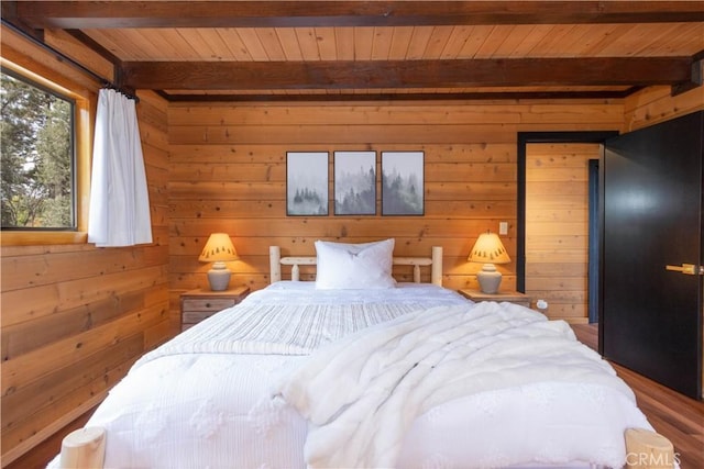 bedroom featuring hardwood / wood-style floors, beam ceiling, wood walls, and wood ceiling