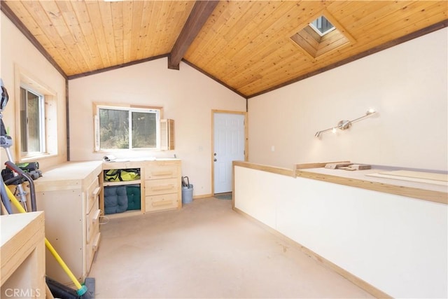 carpeted living room with lofted ceiling with skylight and wood ceiling