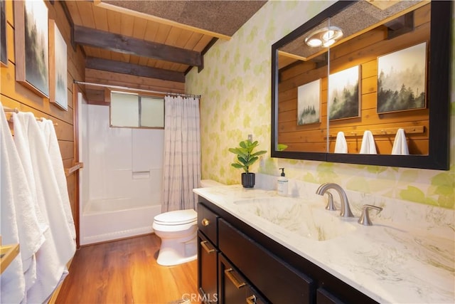 full bathroom featuring shower / bath combo, vanity, wooden ceiling, hardwood / wood-style floors, and toilet