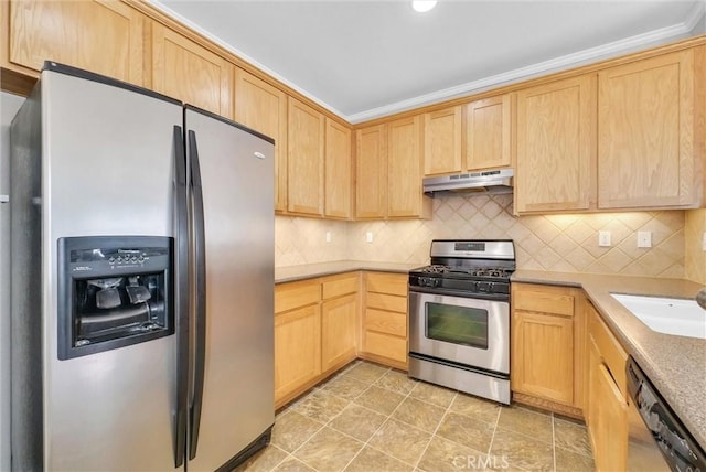 kitchen with tasteful backsplash, light brown cabinetry, stainless steel appliances, and ornamental molding