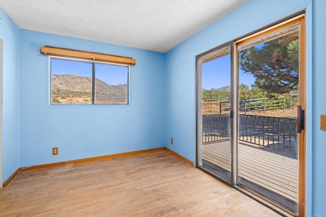 empty room featuring a mountain view and light hardwood / wood-style floors