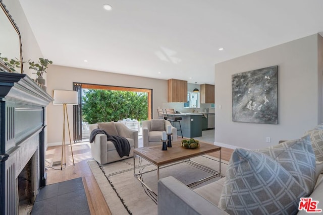 living room with light wood-type flooring and sink