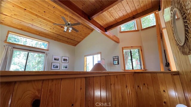 details with ceiling fan, beam ceiling, and wood ceiling