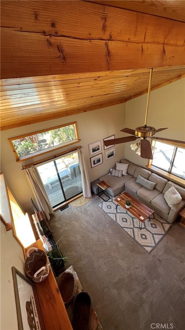 carpeted living room with lofted ceiling, ceiling fan, and wood ceiling