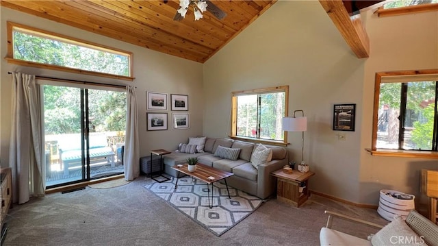 living room with high vaulted ceiling, light colored carpet, ceiling fan, and wooden ceiling