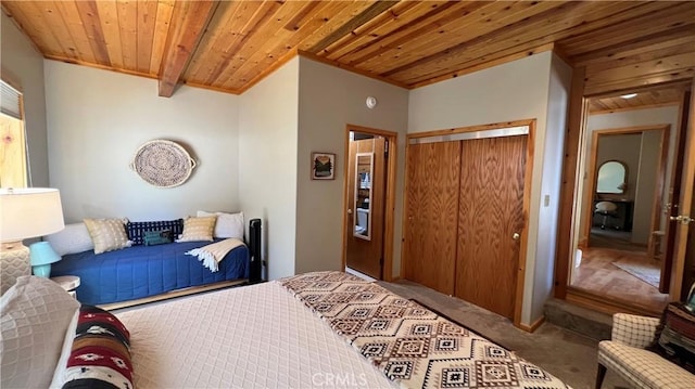 carpeted bedroom with a closet, ornamental molding, and wooden ceiling