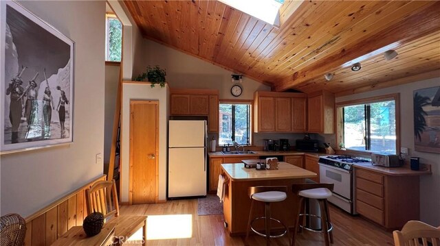 kitchen with light hardwood / wood-style floors, white appliances, wood ceiling, and a kitchen island