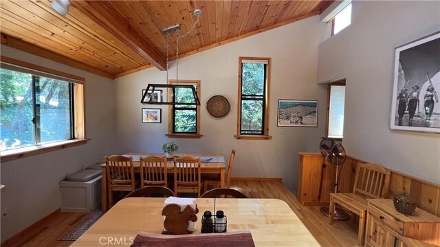 dining space featuring light hardwood / wood-style flooring, lofted ceiling with beams, and wood ceiling