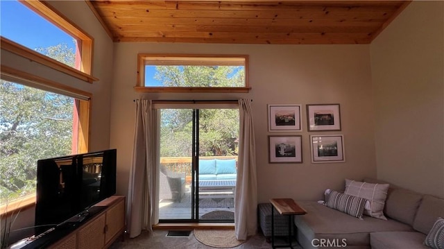 doorway with high vaulted ceiling, light colored carpet, wood ceiling, and a wealth of natural light