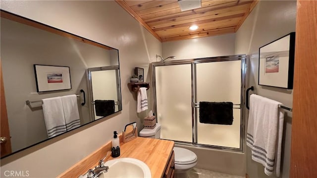 full bathroom featuring combined bath / shower with glass door, vanity, wood ceiling, and toilet